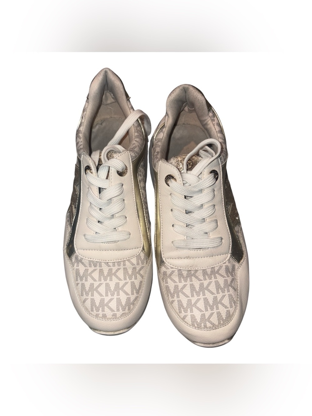 Michael Kors Kids White and Gold MK Monogram Lace-Up Sneakers
